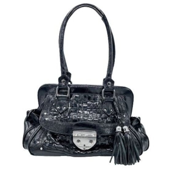 ELLIOTT LUCCA BLACK LEATHER PURSE BAG W/ TASSELS - Picture 1 of 12